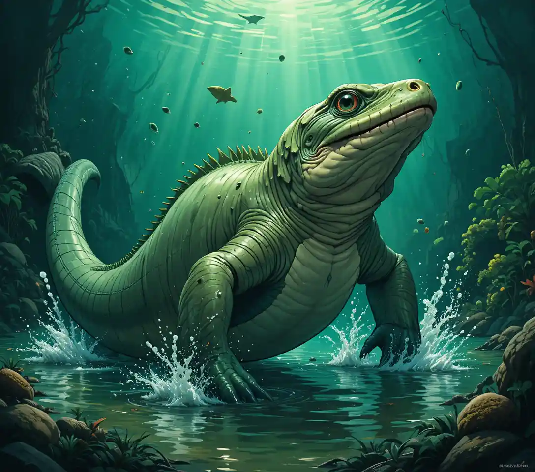 Riesensalamander schwimmt durch trübes grünes Unterwasser