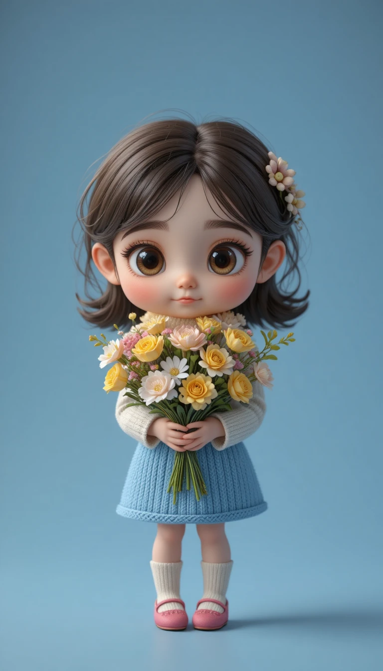 Menina chibi 3D fofa abraçando um buquê de flores silvestres