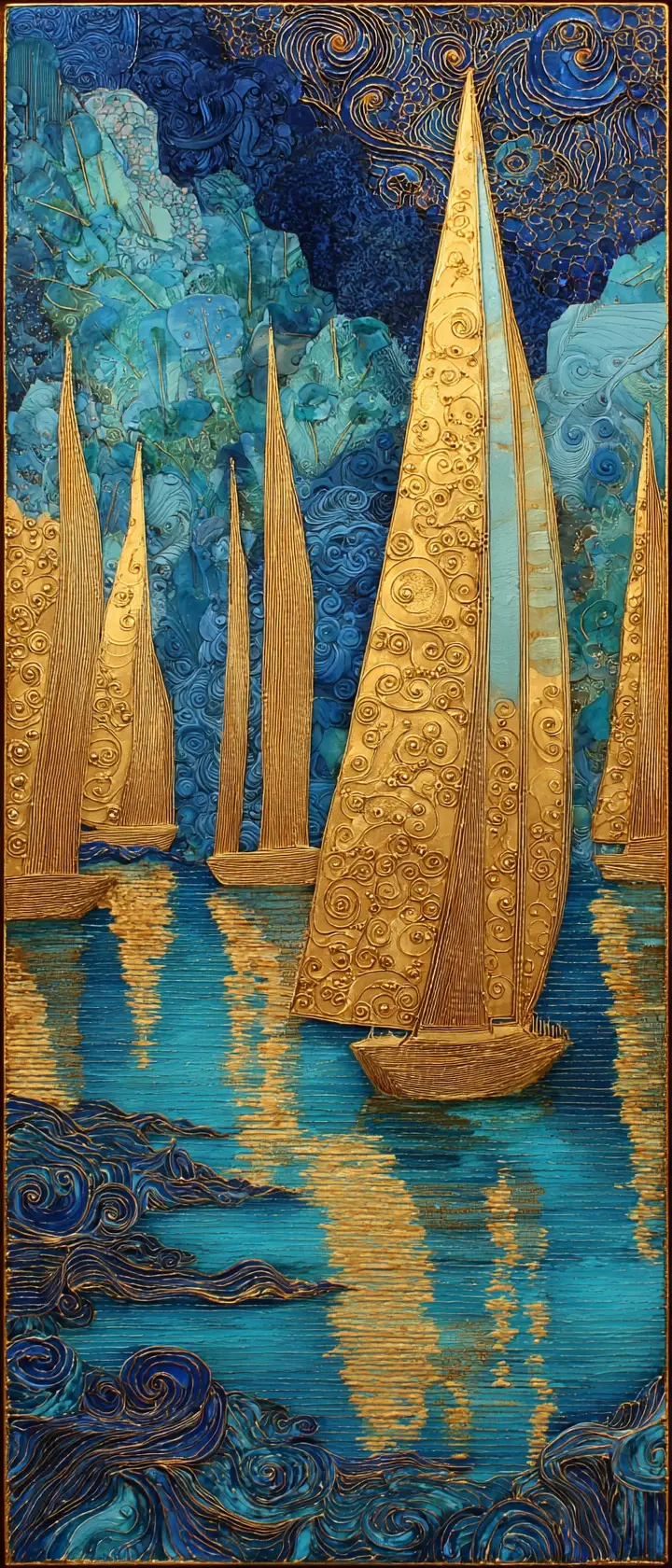 Surrealer vergoldeter Hafen mit skulpturaler Wachs-Meereslandschaft