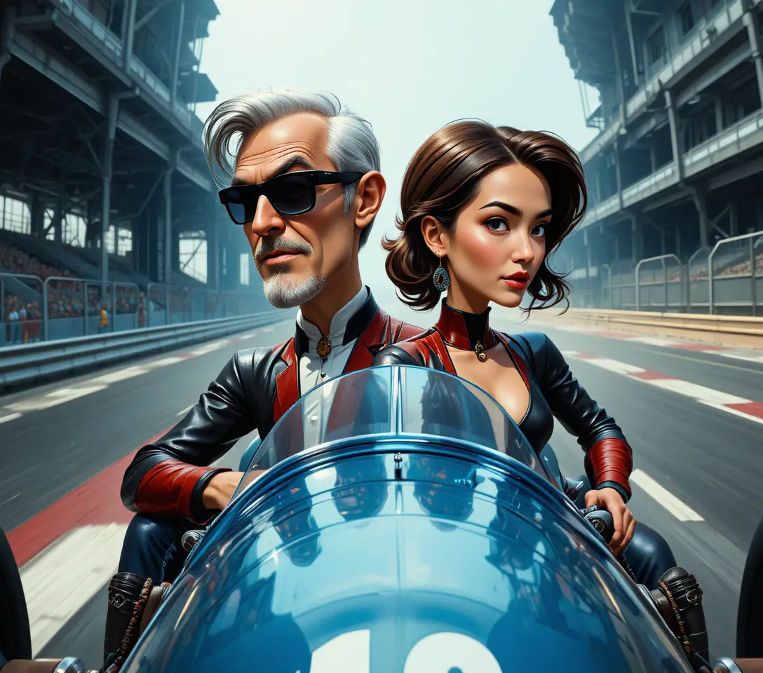 Auto da corsa blu vintage con pilota anziano su pista in asfalto