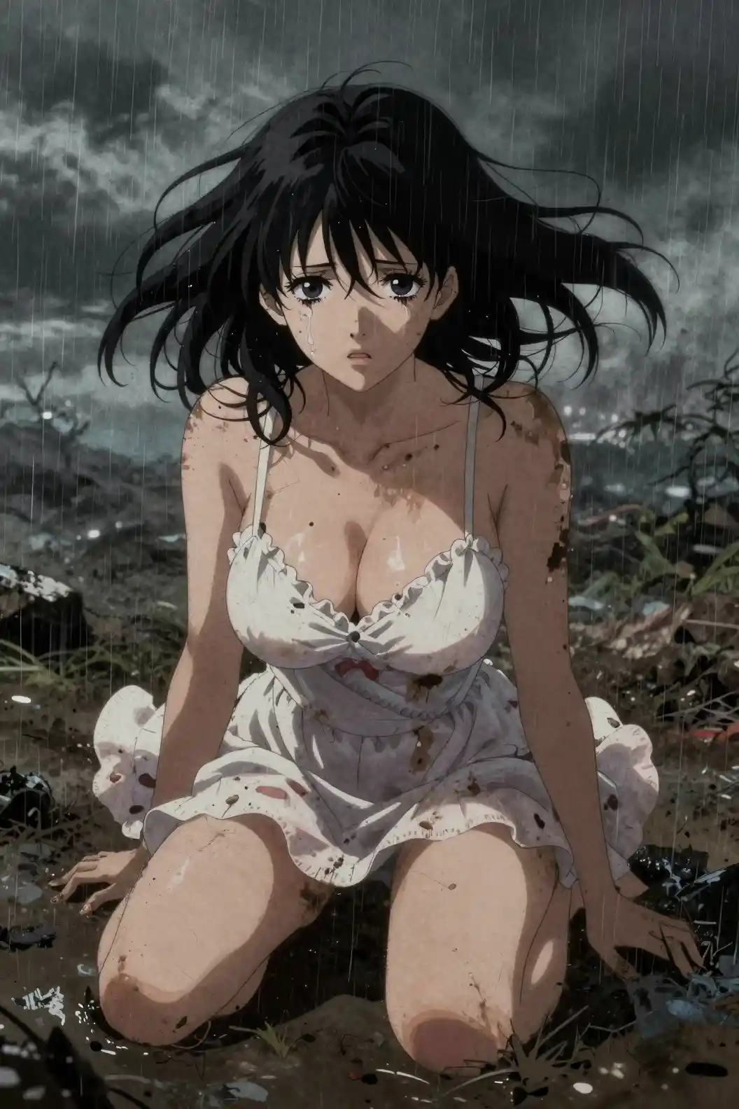 Abstract anime woman in cute dress amid gloomy landscape