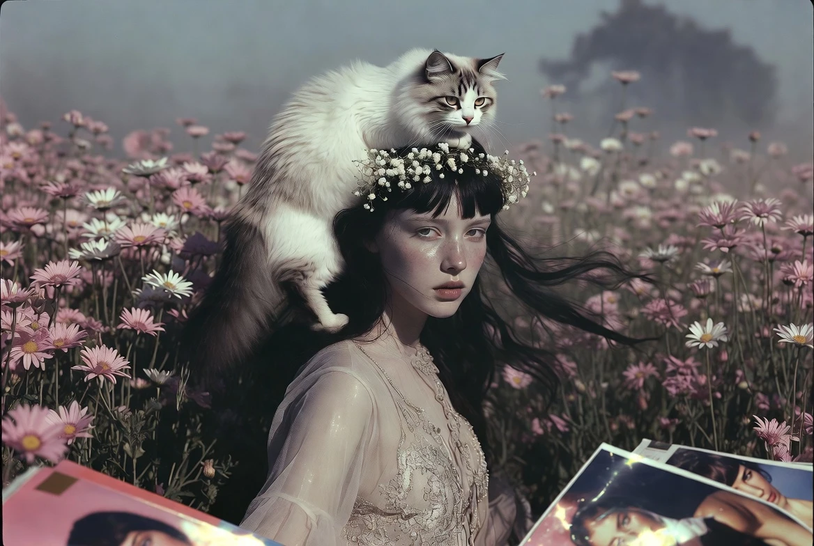 Träumerisches Mädchen mit Katze in einem nebligen Blumenfeld