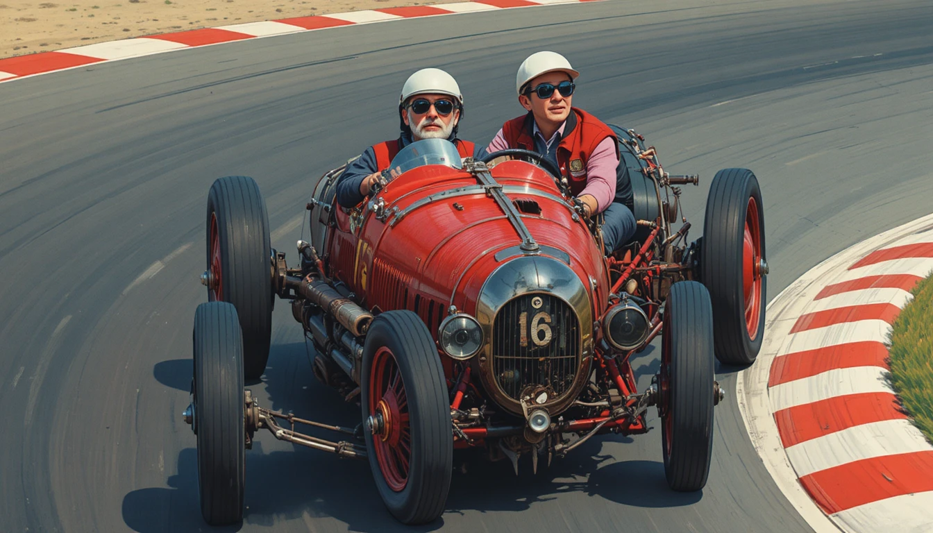 Motorista idoso corre em carro de corrida vermelho vintage em pista de asfalto