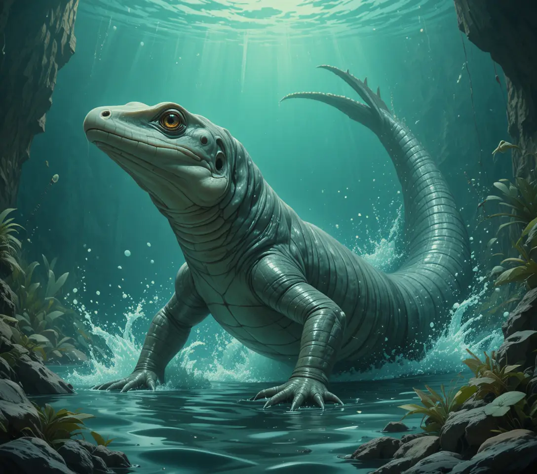 Salamandra gigante che nuota in una torbida scena subacquea verde