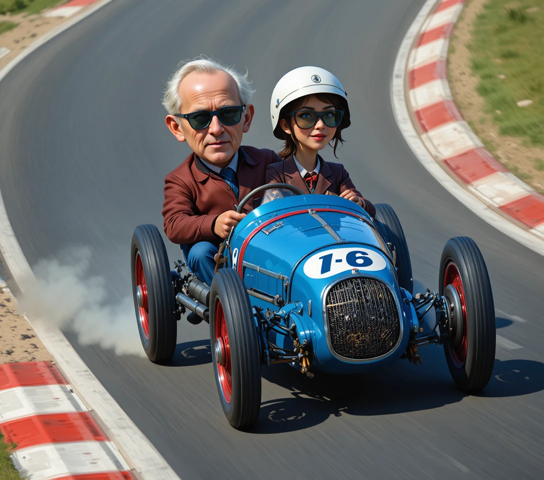 Autista anziano e donna in auto da corsa d’epoca blu