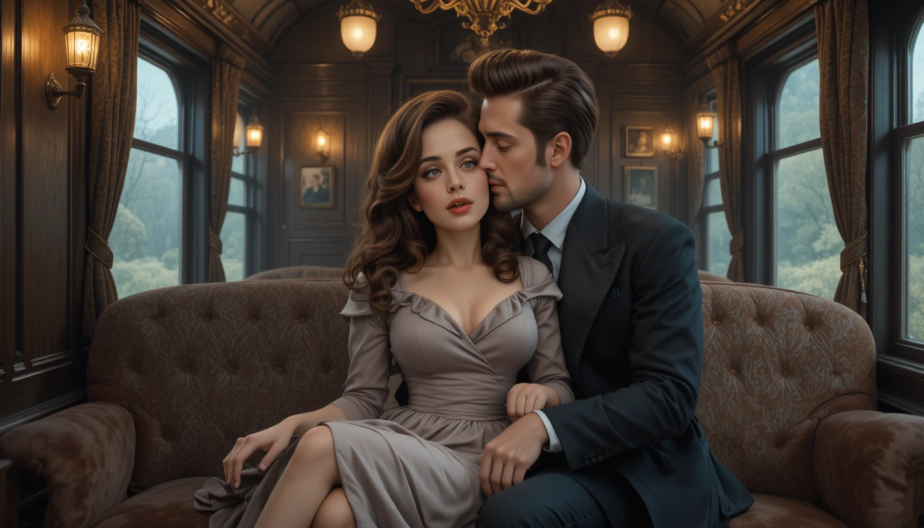 Casal romântico se beijando no interior de um trem vintage