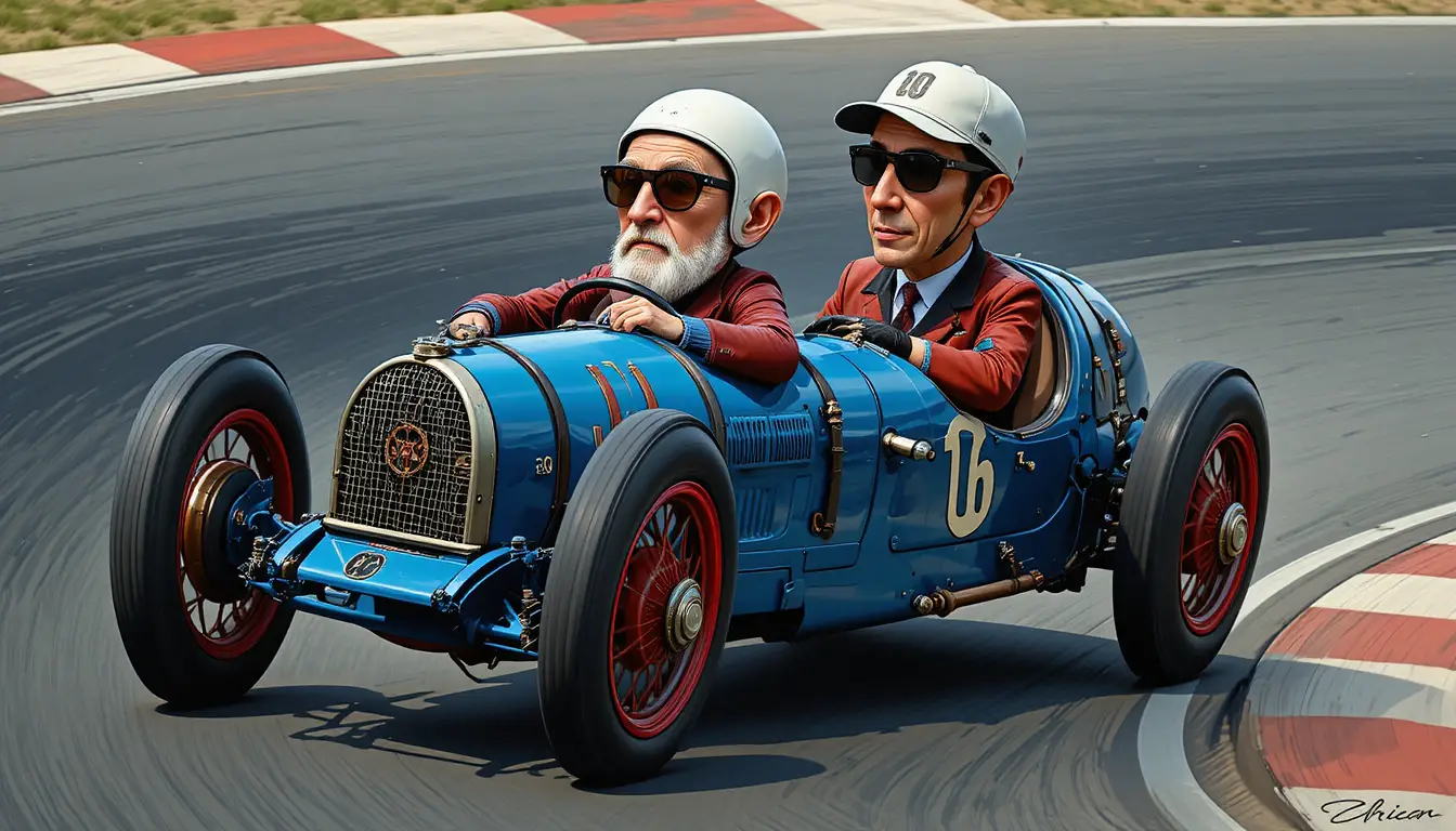 Elderly driver in vintage blue race car on asphalt track