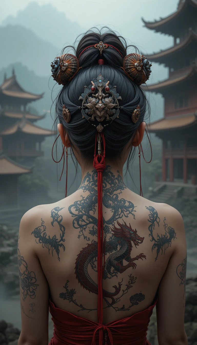 Mulher asiática com tatuagem de dragão amarrada diante de templo enevoado