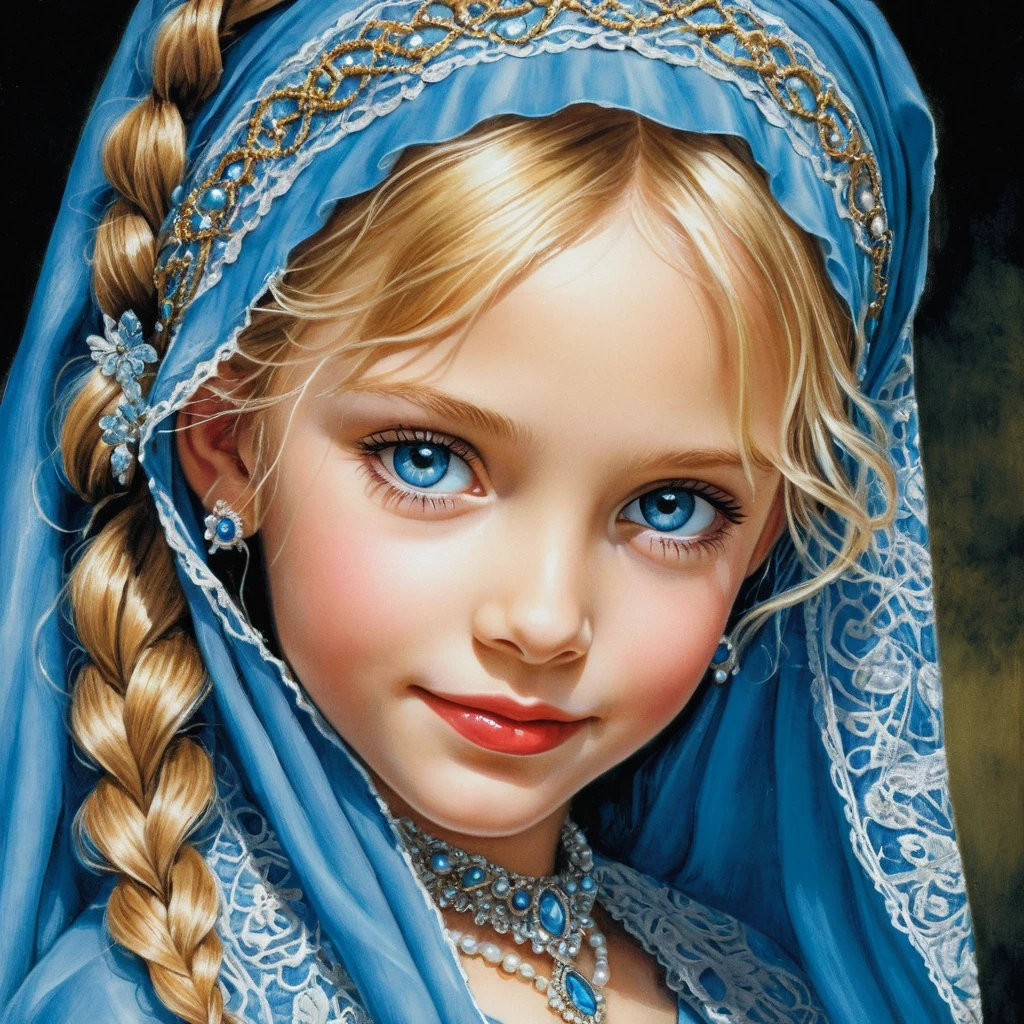 Smiling blonde girl in blue burqa colored pencil portrait
