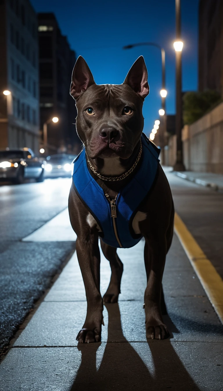 Pit bull musculoso de colete de combate em rua urbana escura