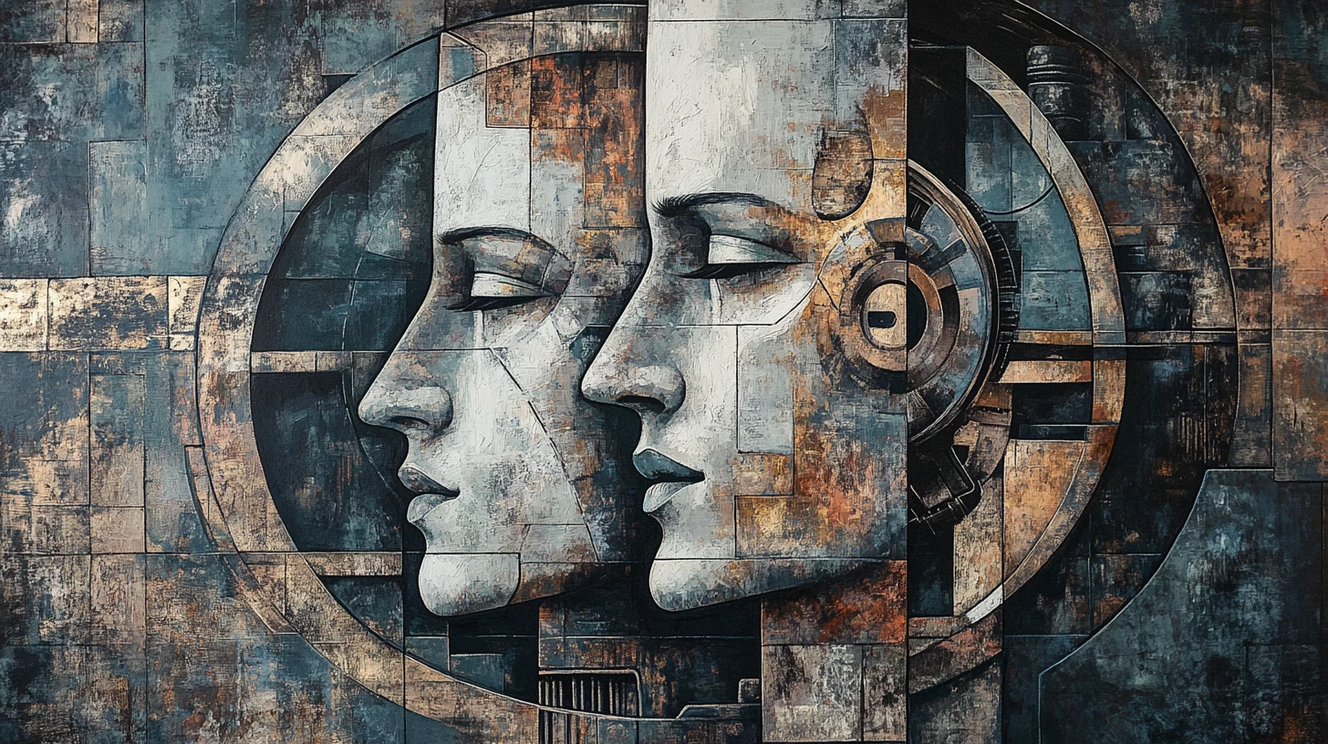 Surrealistisches kubistisches Porträt fragmentierter mechanischer Menschengesichter