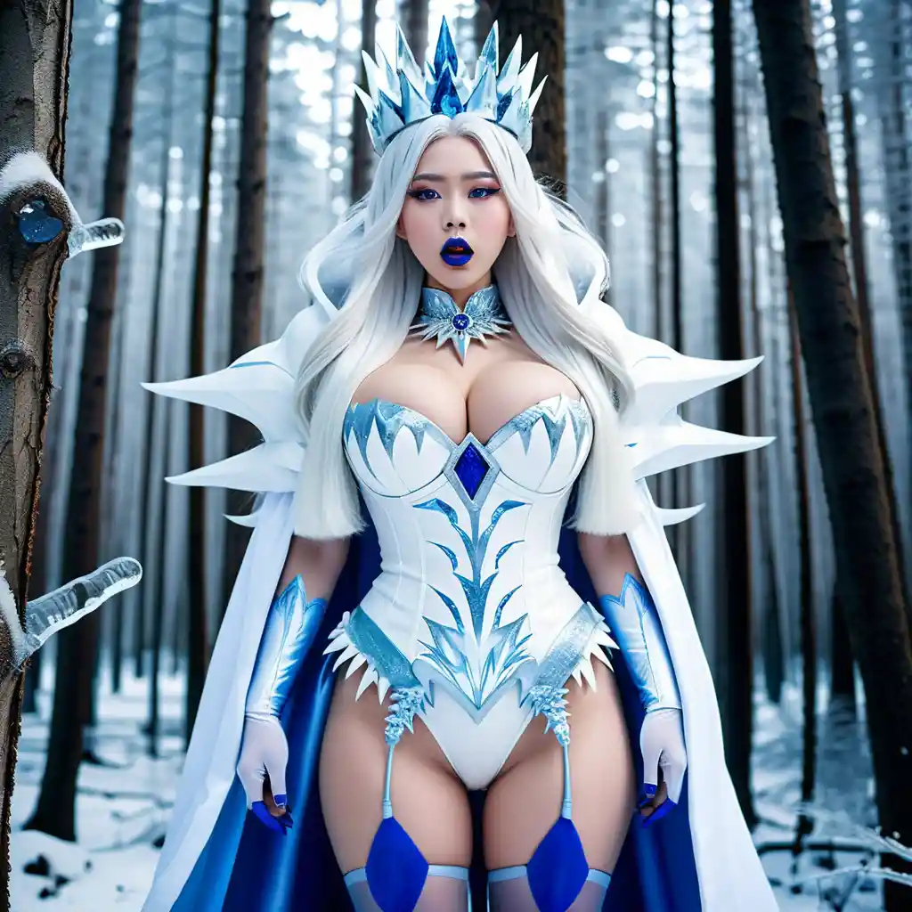 Chica reina de hielo de pie en un bosque helado con corona de hielo
