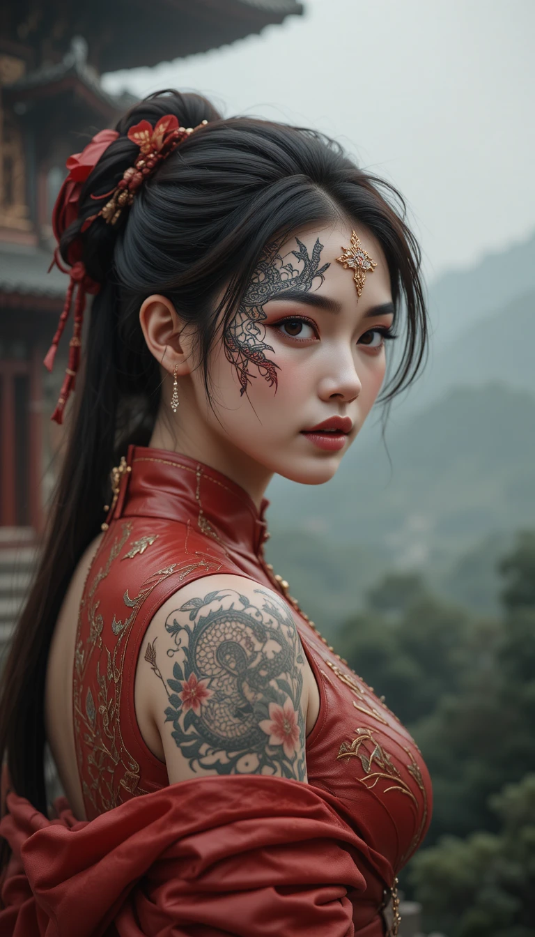Mulher asiática de couro vermelho com tatuagem de dragão em templo enevoado