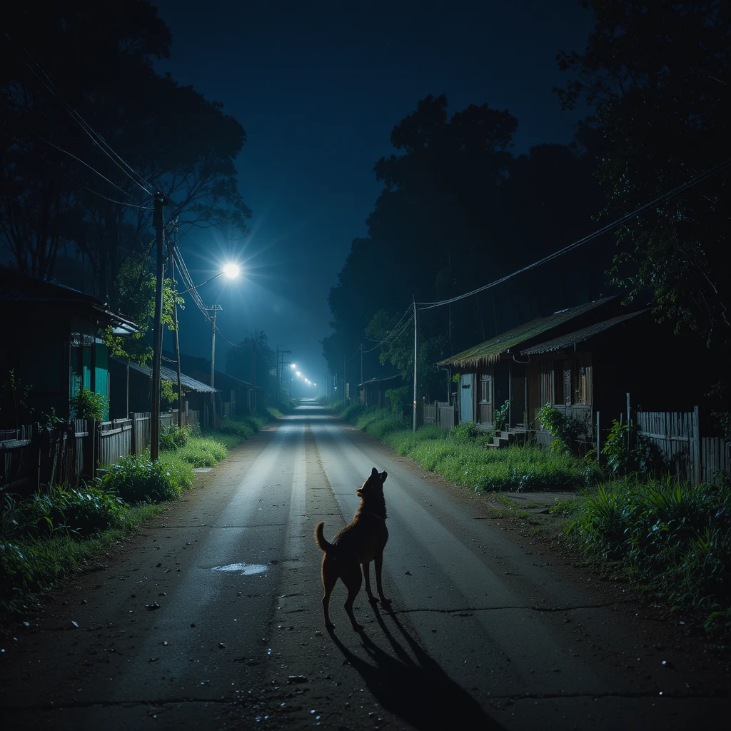 Cão solitário uivando à noite em uma estrada tranquila de vila