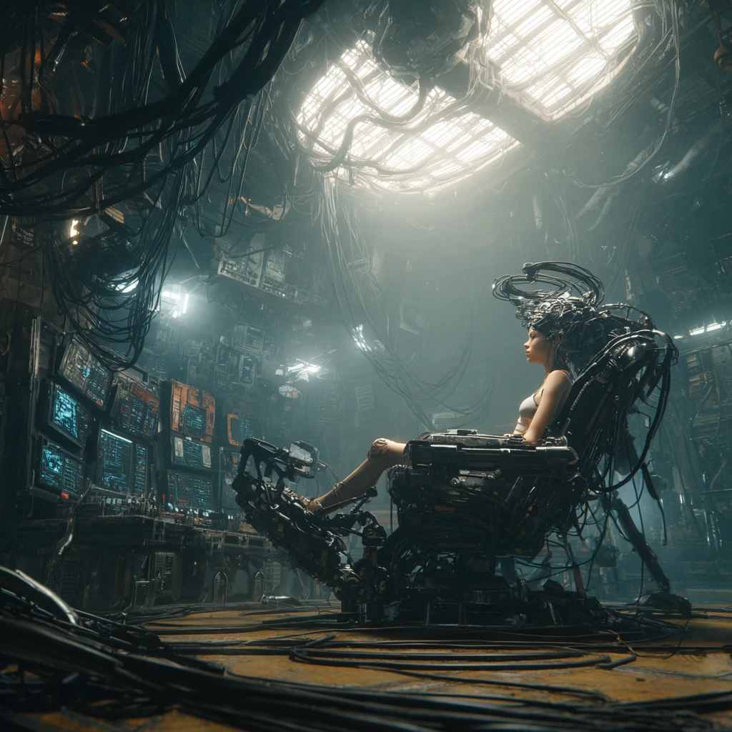 Cyberpunk-Frau in einem Neural-Interface-Stuhl im Labor