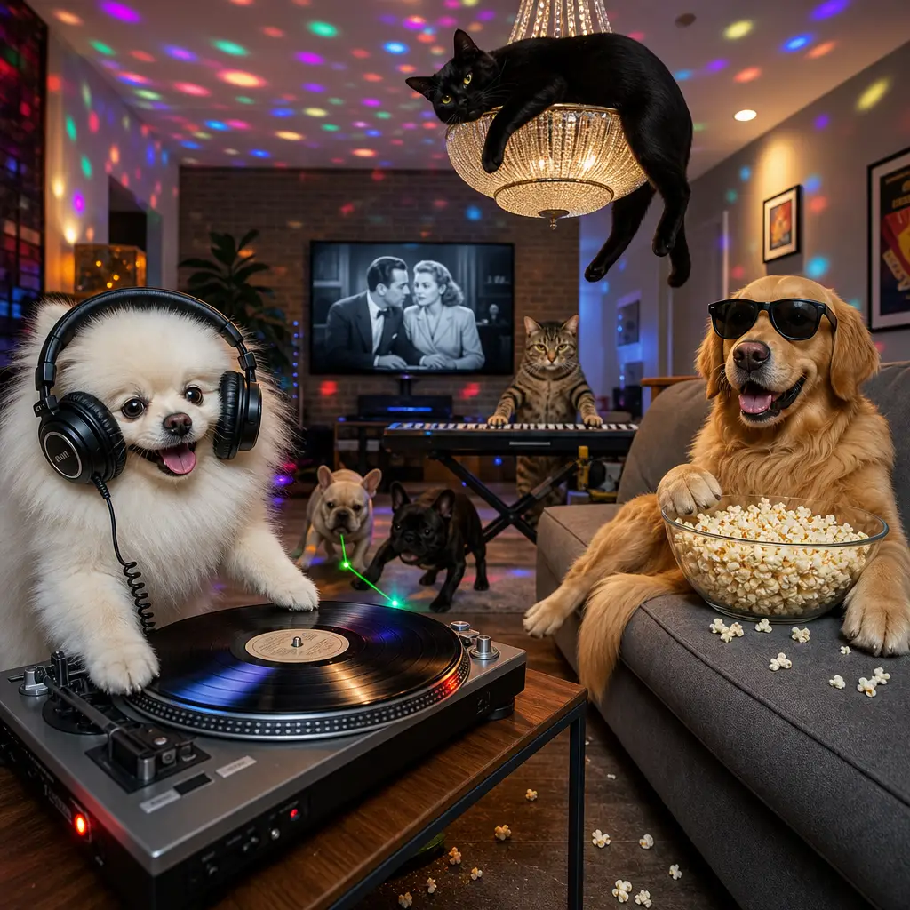 DJ Poméranien mixant des vinyles dans un salon animé