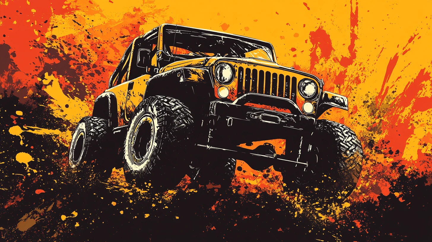 Fetter Vektor-Jeep vor feurigem Splatter-Abstrakt-Hintergrund