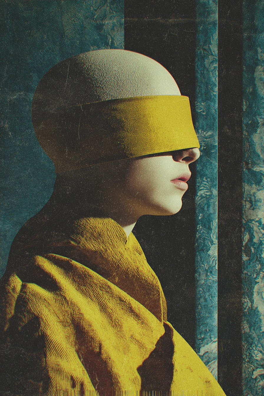 Homem ansioso enfrentando quimioterapia em colagem vintage surreal
