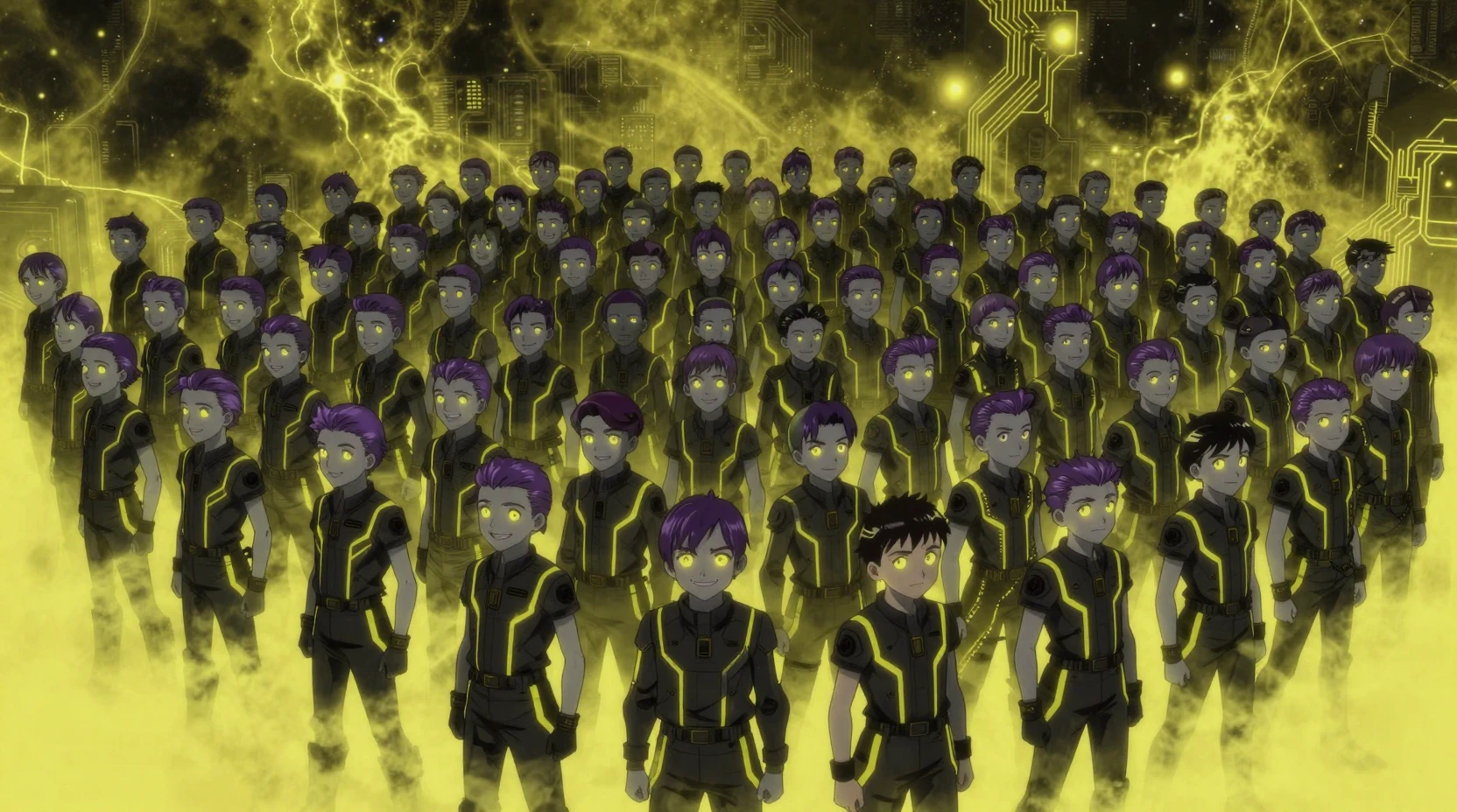 Imensa multidão de adolescentes sci-fi sob um céu cósmico amarelo