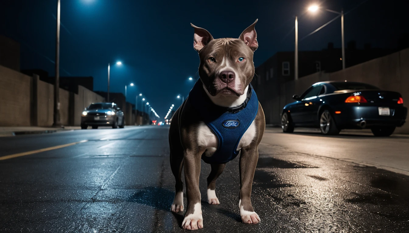 Pit bull musculoso de colete de combate em rua urbana escura