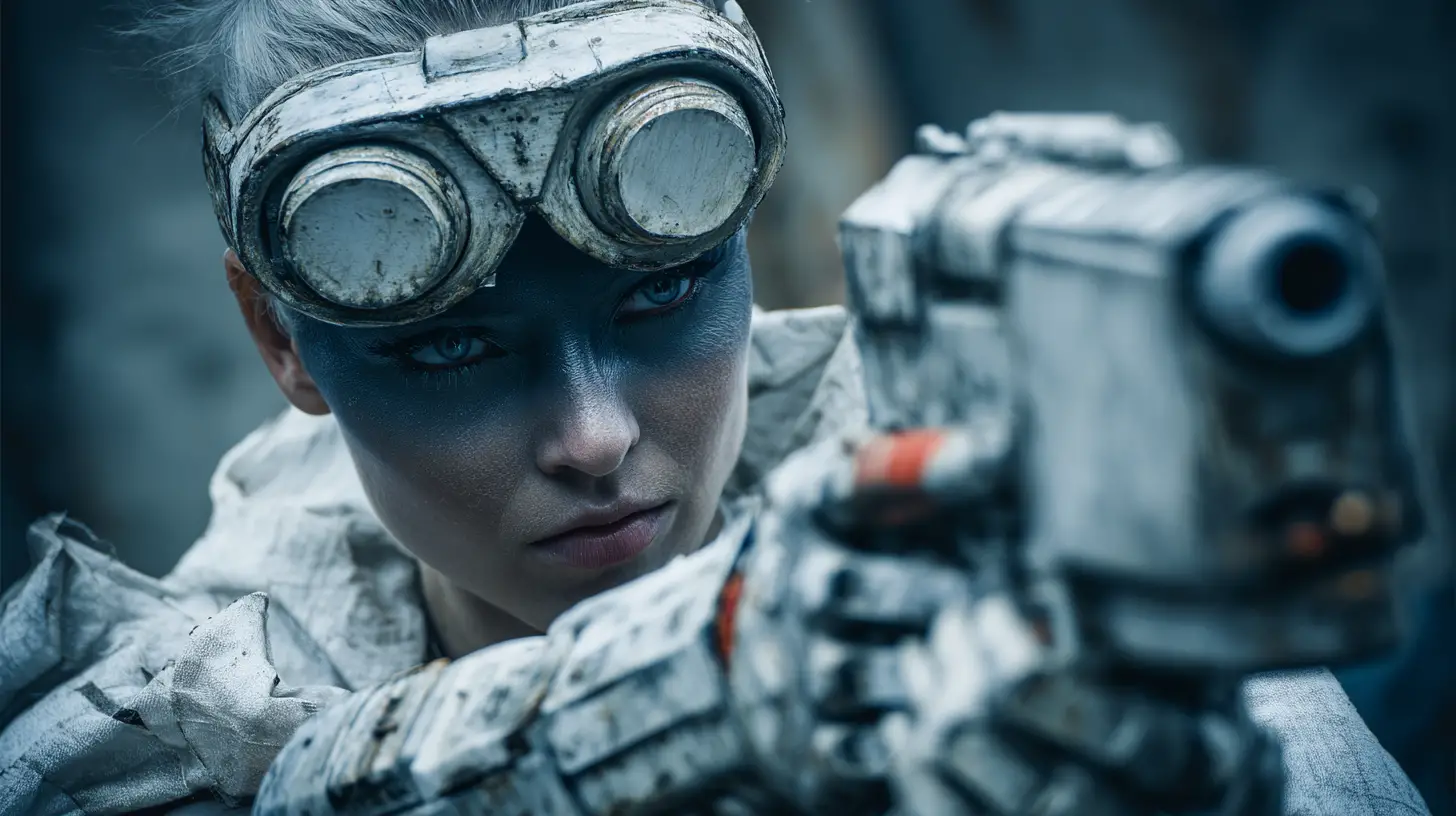 Bald woman with mechanical arm in post apocalyptic cloak