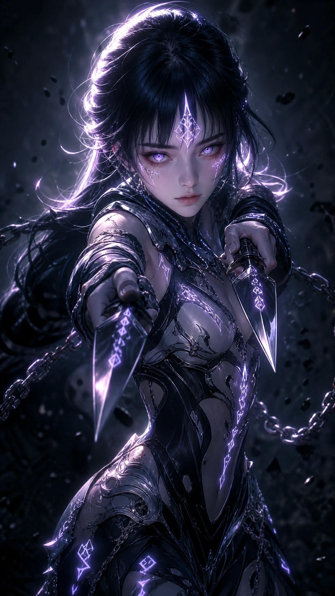 Ragazza cibernetica che mira con catene di kunai e rune luminose