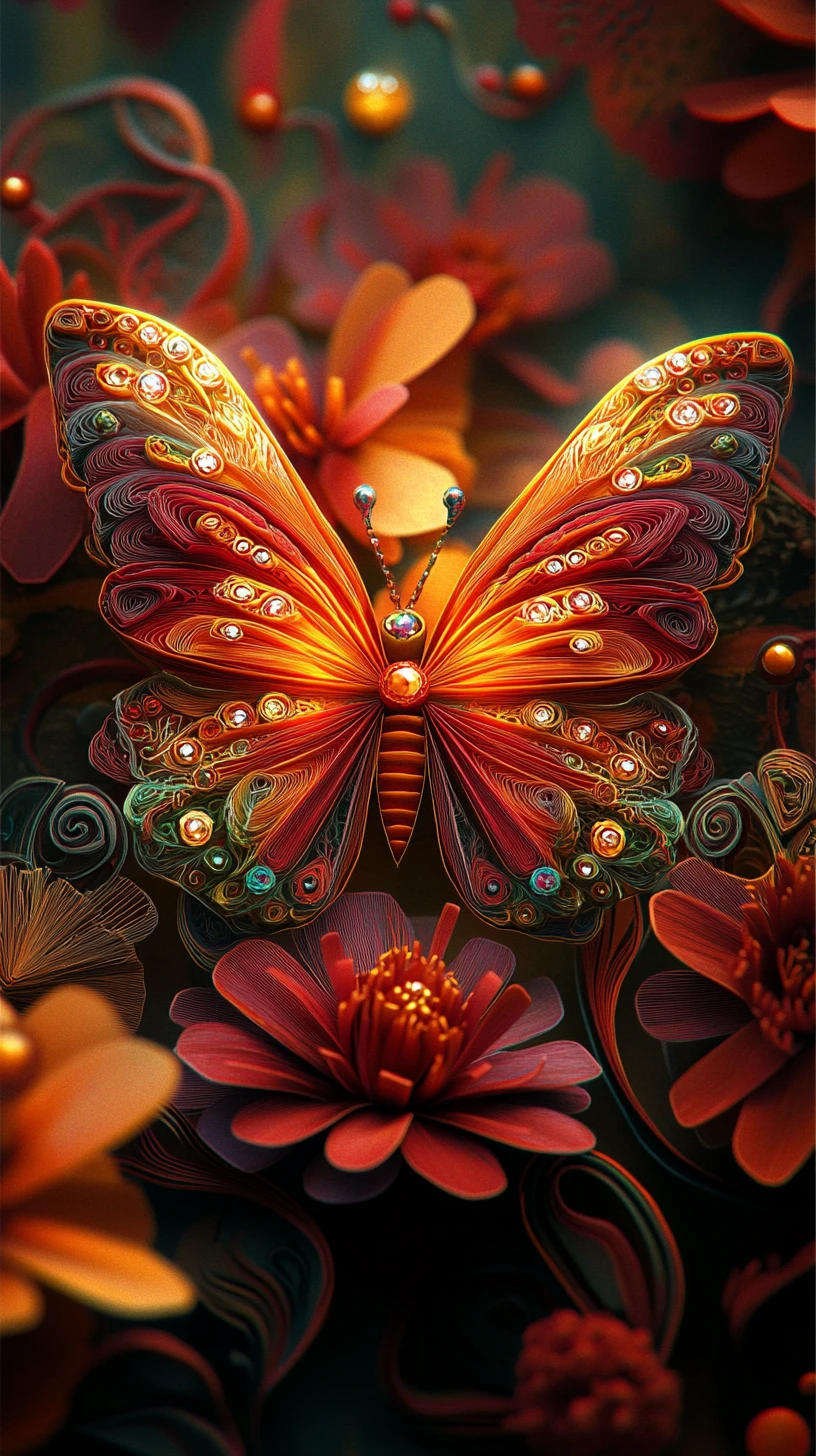 Mariposa fantástica con alas en capas en un jardín floral luminoso