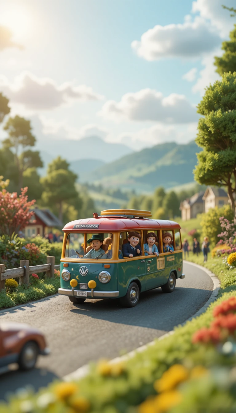 Ônibus de argila em miniatura viajando por um aconchegante campo francês