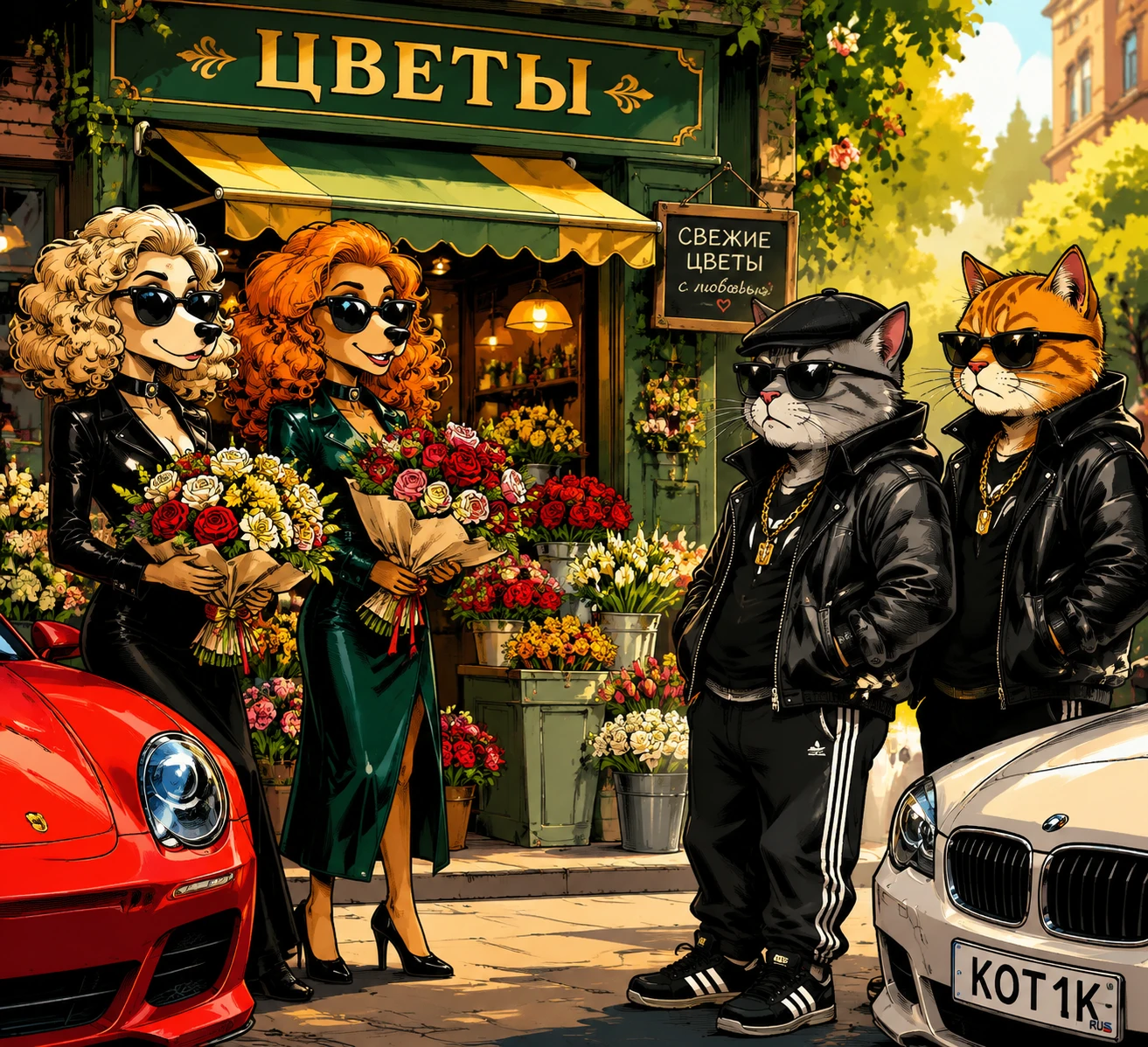 Gatos gângster de desenho animado e cães elegantes em uma floricultura