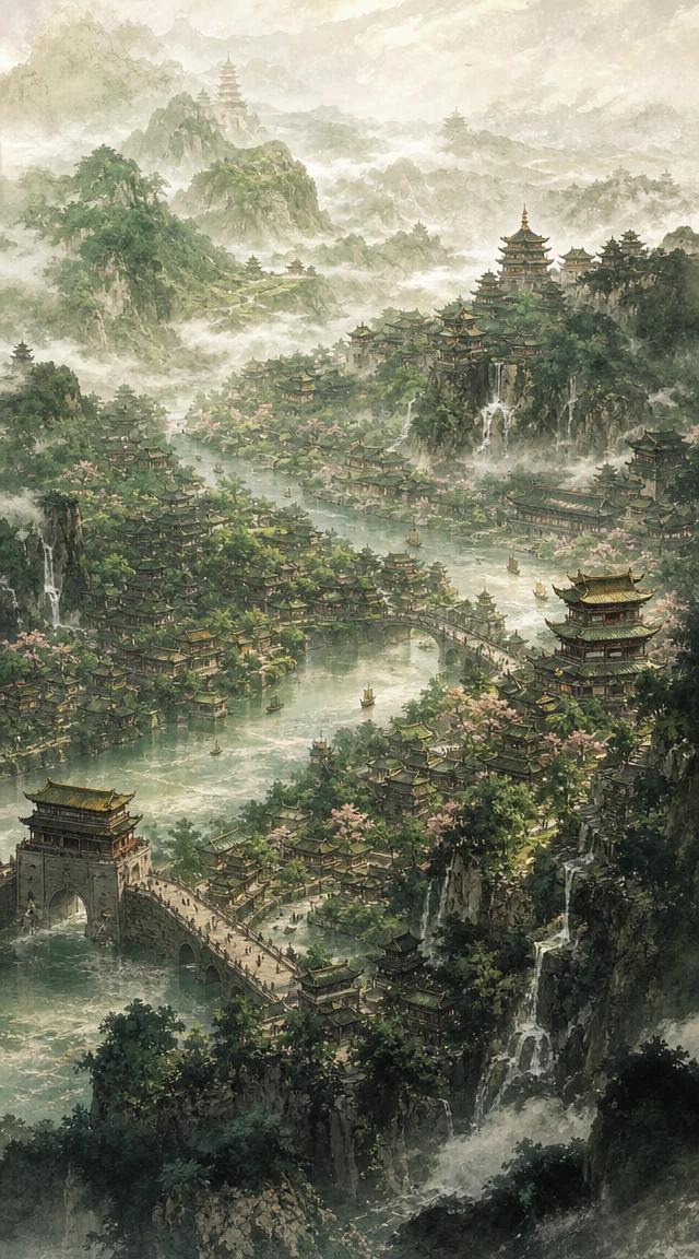 Paisagem urbana montanhosa verdejante em pintura tradicional a tinta