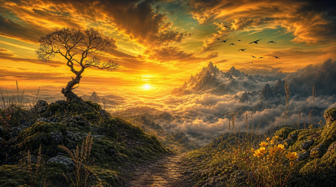 Trilha surreal ao pôr do sol por um vale montanhoso enevoado