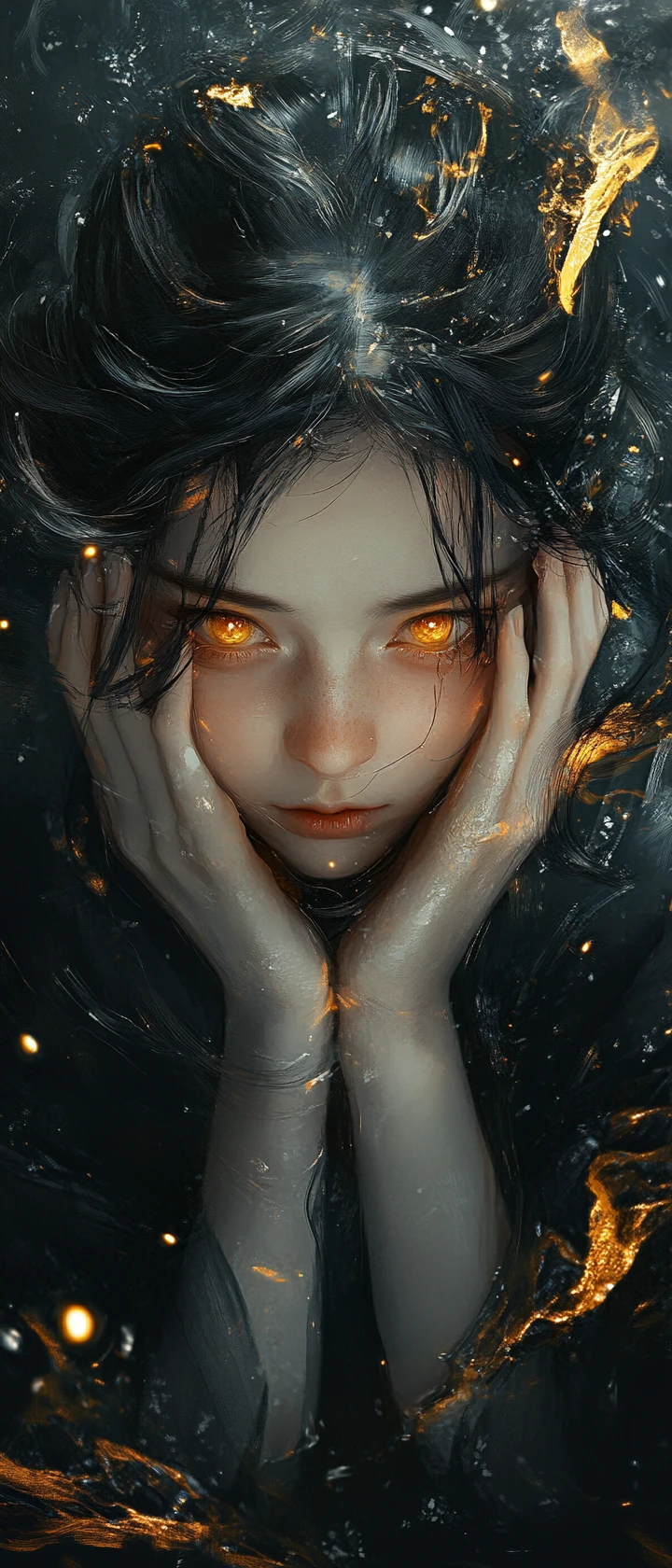 Ragazza malinconica con capelli luminosi in un ritratto dark fantasy