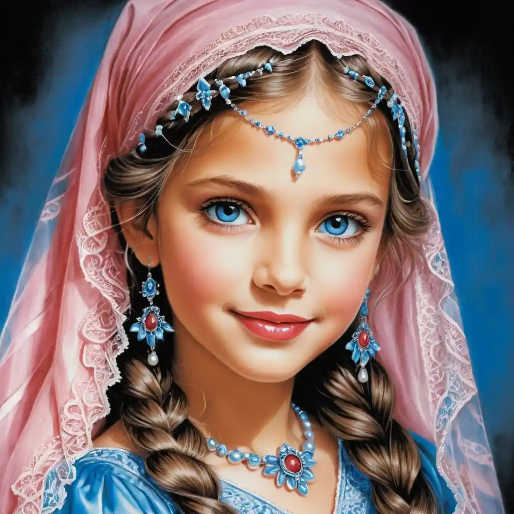 Disegno di bambina sorridente dagli occhi azzurri con burqa rosa in pizzo
