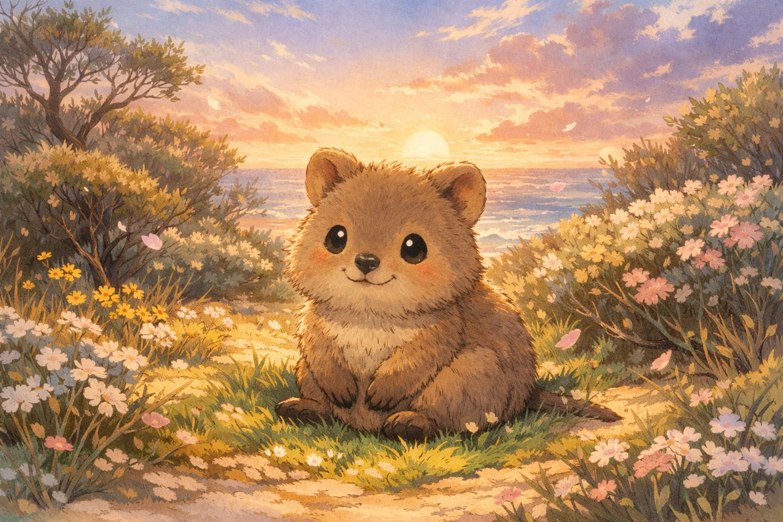 Dolce cucciolo di quokka che riposa sull’erba all’alba sulla costa
