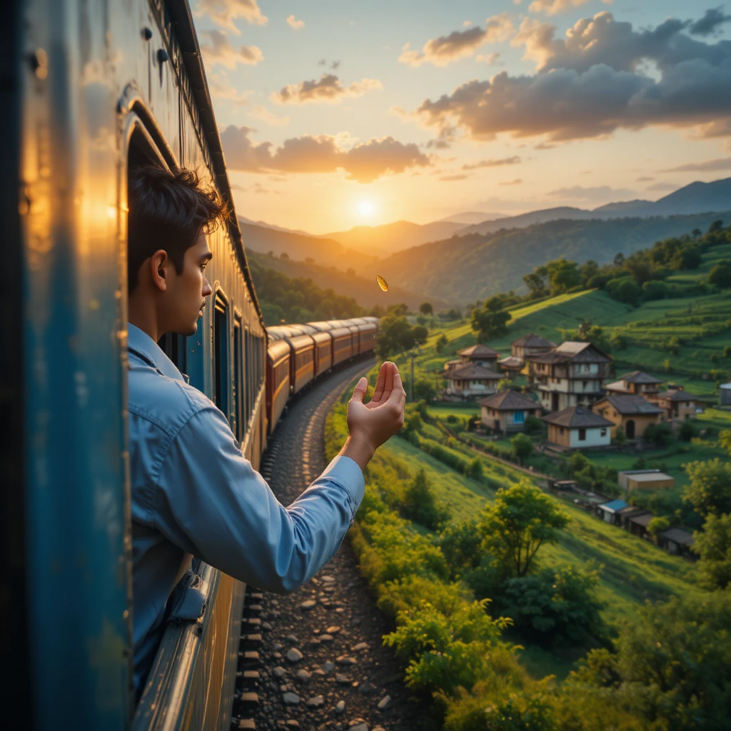 Trem cruzando uma vila indiana exuberante ao pôr do sol radiante
