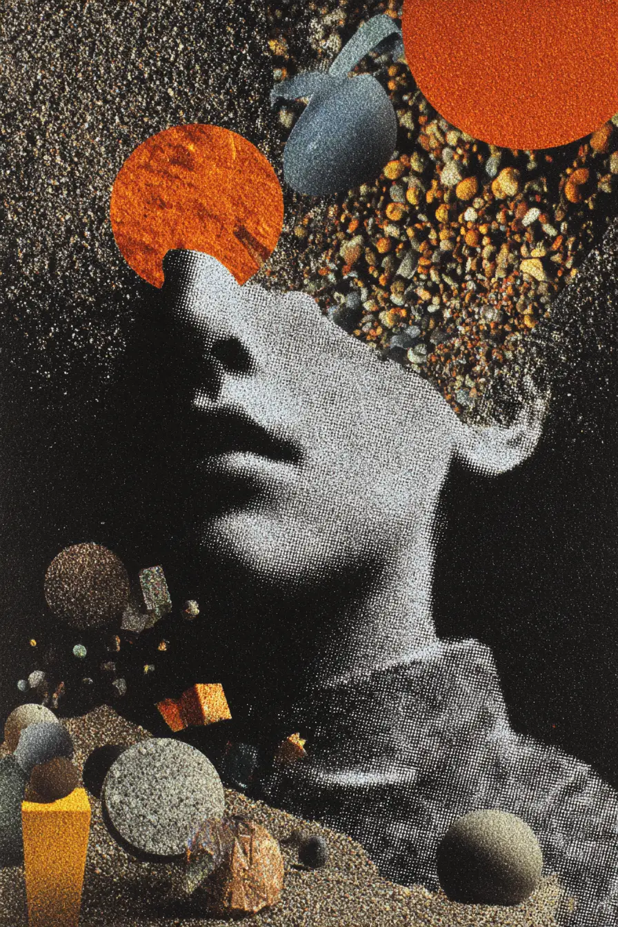 Collage vintage surréaliste et sombre avec design minimaliste et onirique