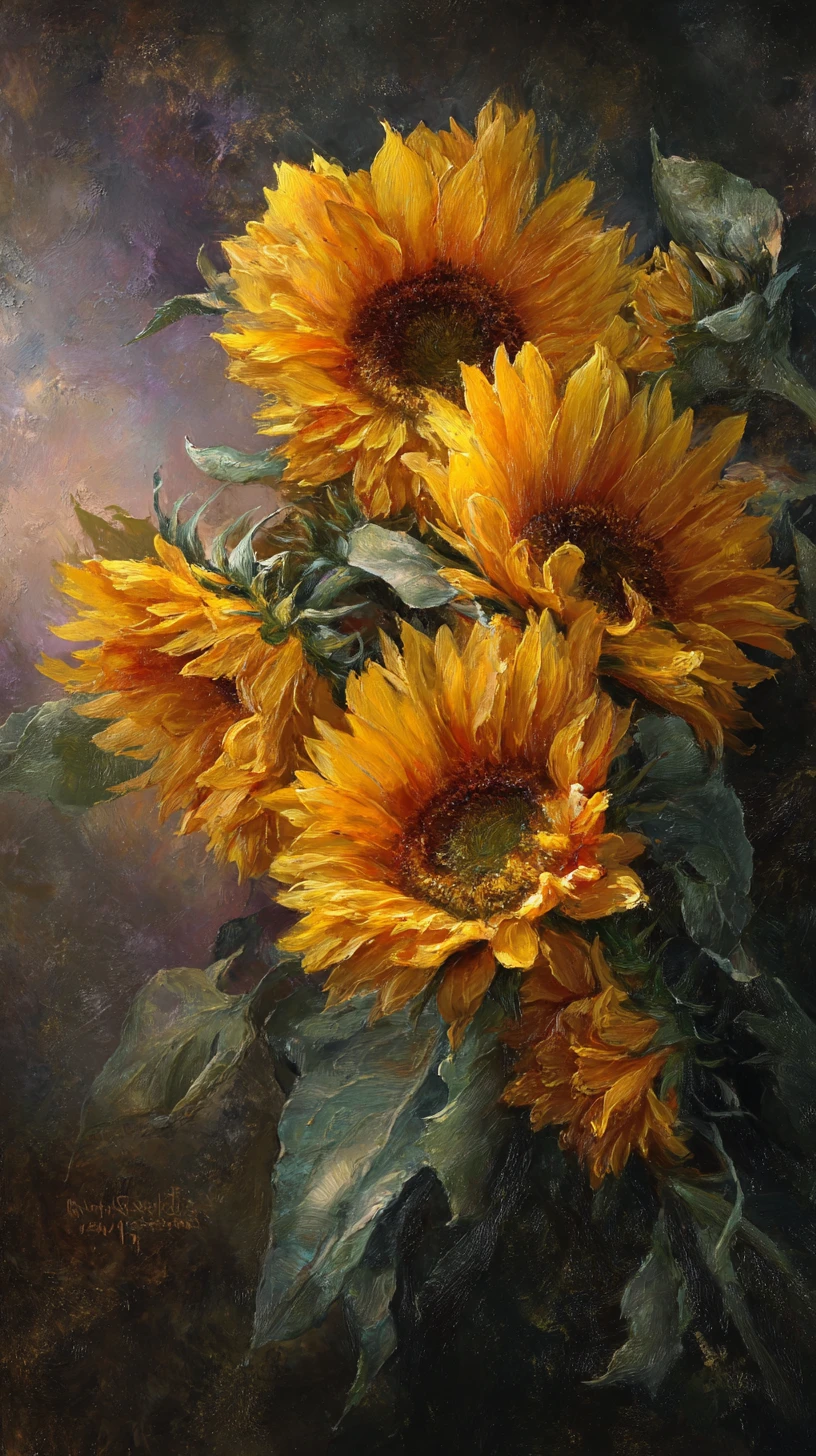 Pintura al óleo realista de girasoles en tonos crepusculares y atmosféricos