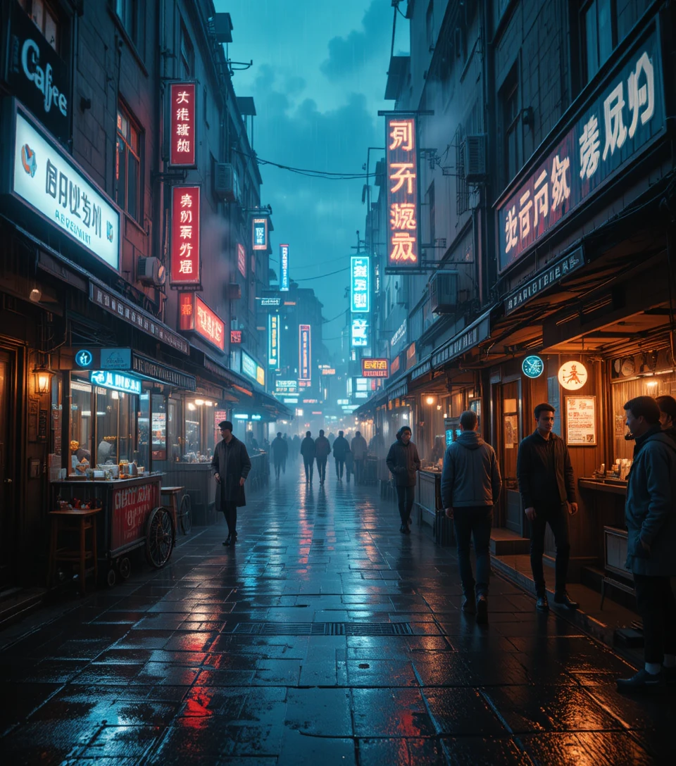 Caffè in vicolo cyberpunk che brilla al neon a mezzanotte