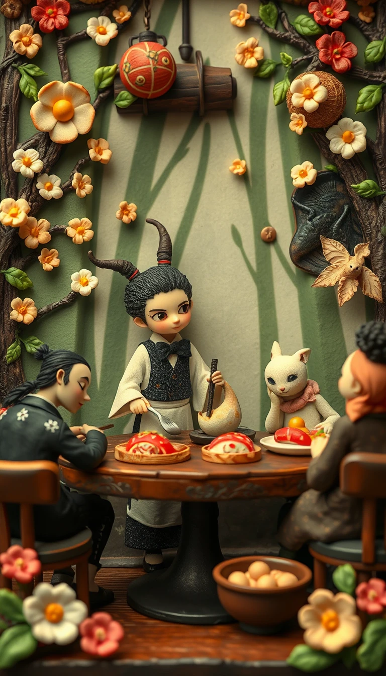 Personagens de chef em estilo de argila em uma floresta florida