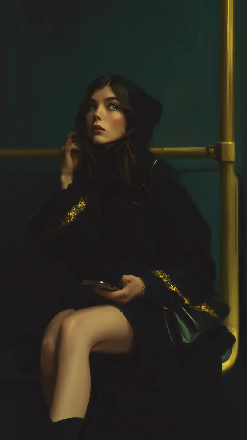 Woman on morning bus with sunlight and cinematic portrait