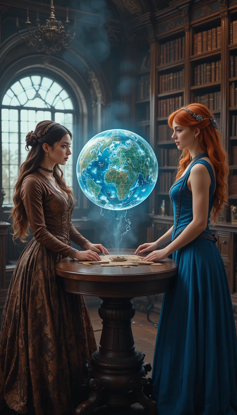 Deux femmes steampunk étudiant une carte holographique lumineuse