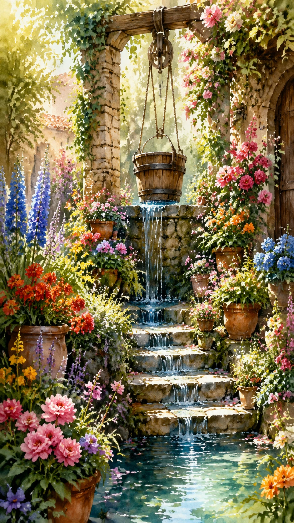 Fontana rustica in pietra con fiori colorati alla luce del sole
