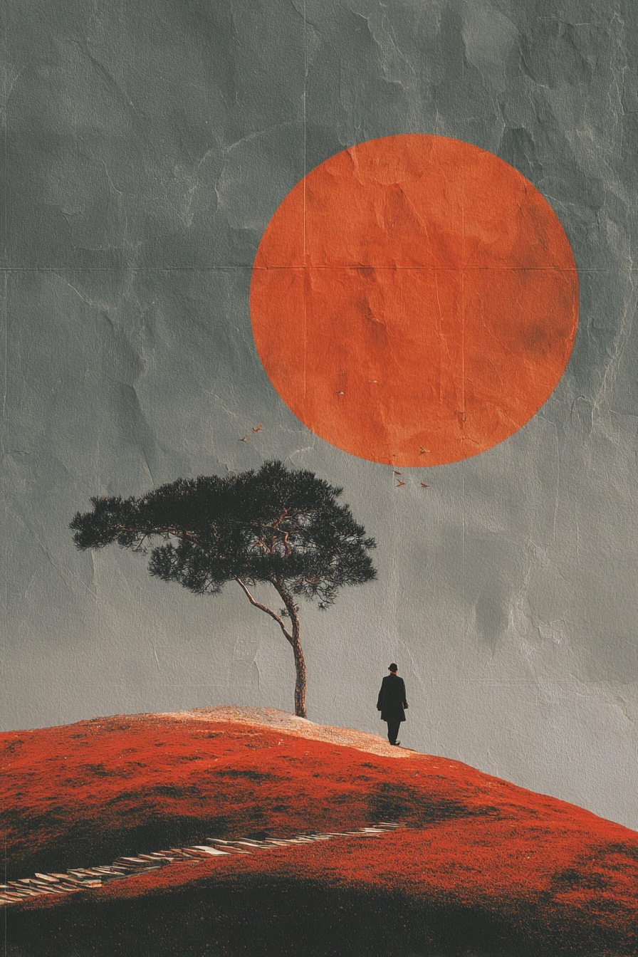 Colagem surreal melancólica em vermelho com formas abstratas minimalistas