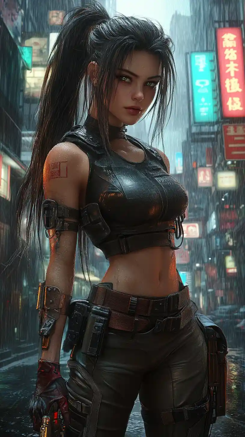 Selbstbewusste Cyberpunk-Kriegerin im neonbeleuchteten Regen