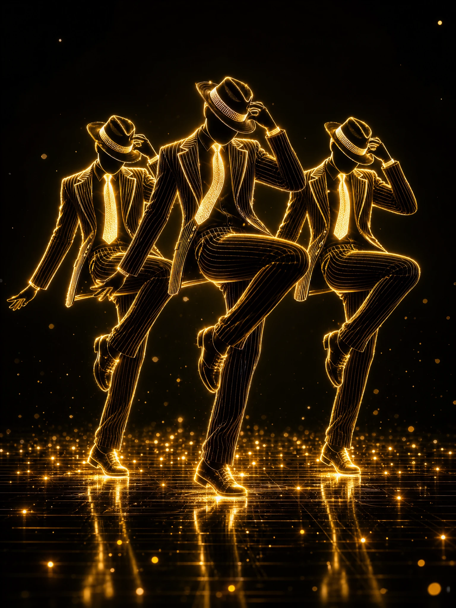 Trois danseurs néon au contour doré lumineux sur scène noire
