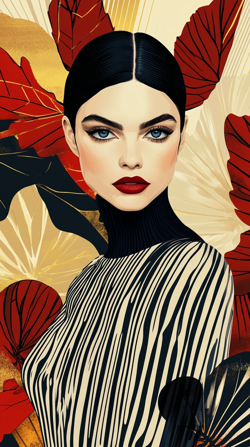 Portrait de femme élégante avec haut rayé audacieux et motifs floraux