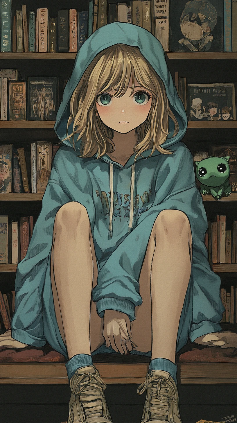 Garota de anime sentada em uma biblioteca silenciosa com estantes de livros