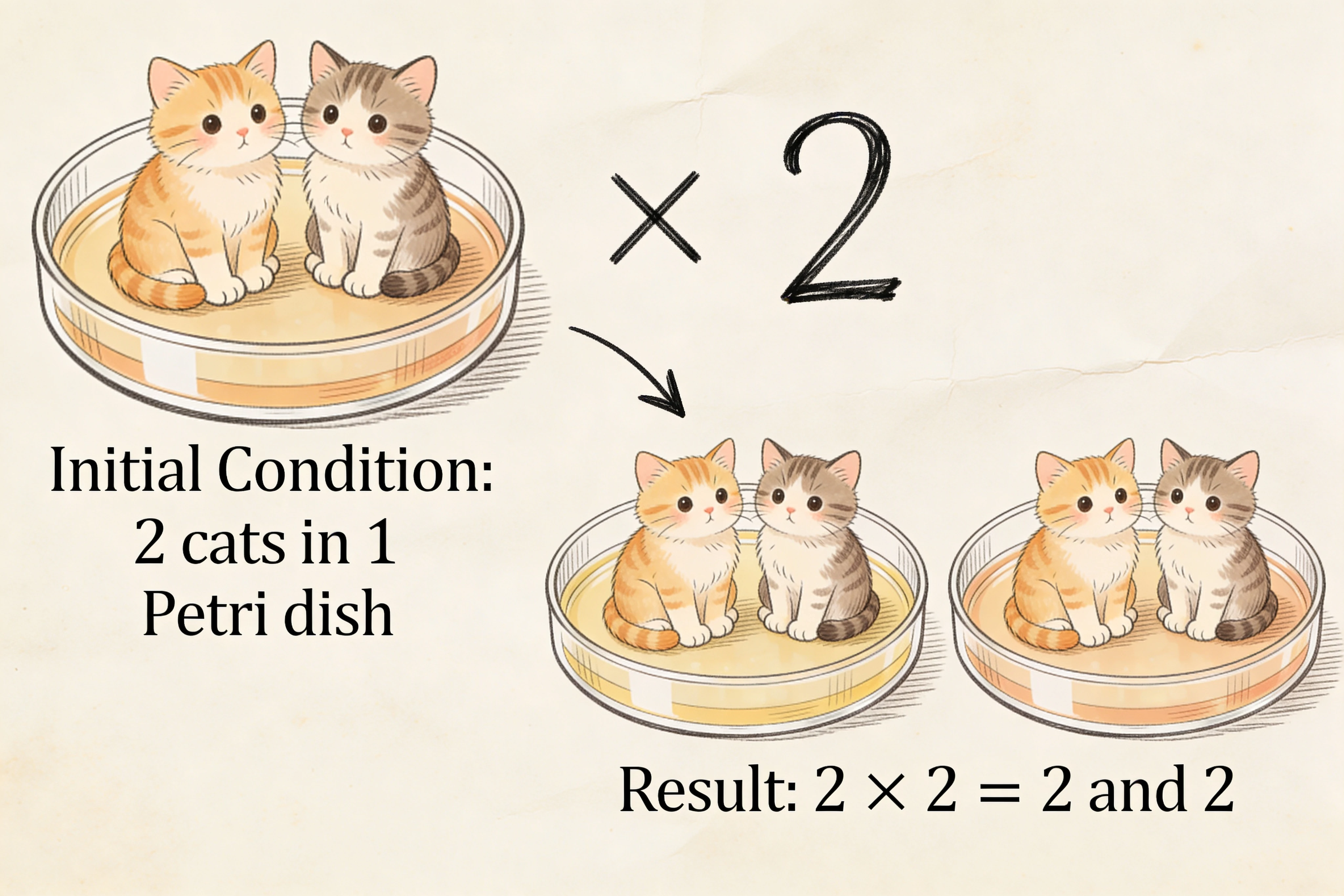 Diagrama científico de multiplicação de gatos com visuais de placa de Petri