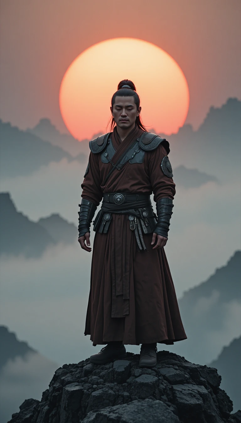 Meditierender Krieger-Mönch auf einem nebligen Berg bei Sonnenuntergang