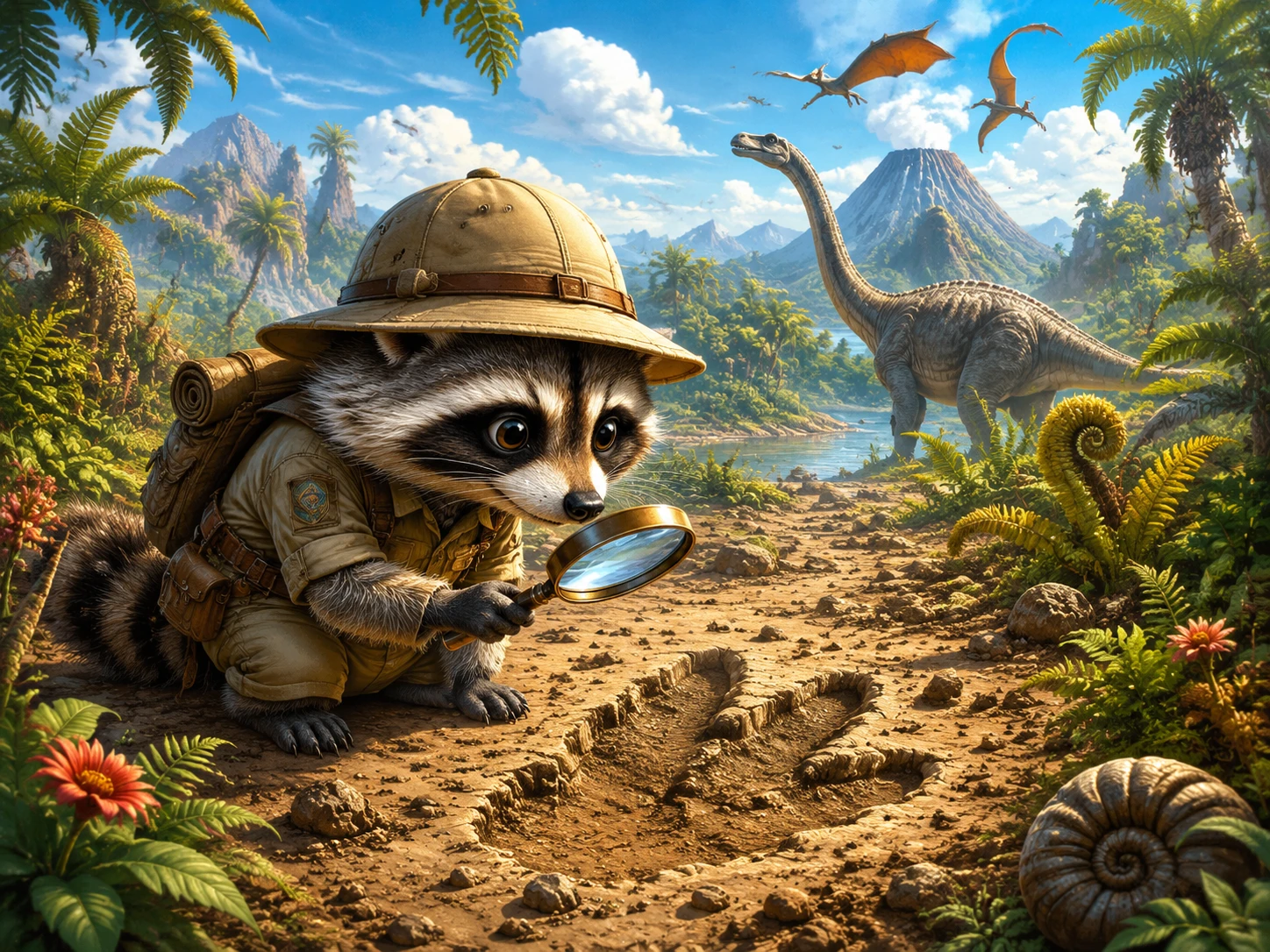 Guaxinim explorador aventureiro em um mundo pré-histórico colorido
